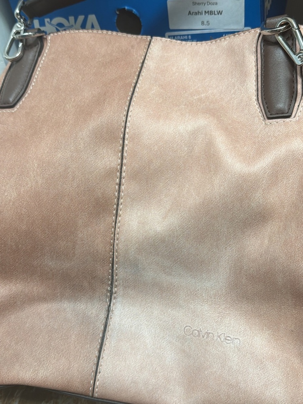 Calvin Klein Metallic Blush Shoulder Bag with Brown Trim